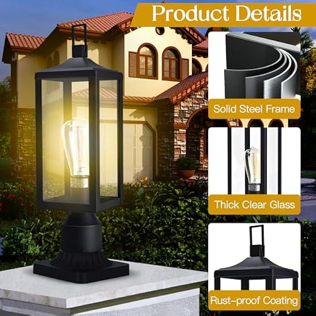 Outdoor Lamp Post Light Fixture, 17 Inch Post Lantern Light for Exterior Gate Post, Steel and Glass Post Sconce for Residential Sidewalk Lamp Post Outdoor Lighting Post Lamps, E26 Bulb Base