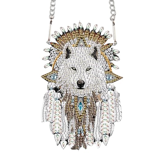 Image of AiYuanzsh White Wolf Diamond Painting Hanging Ornament - DIY 5D Crystal Art Kit with Feathers, Tribal Totem Style Diamond Art Pendant Ornament Wall or Window Decoration for Adults