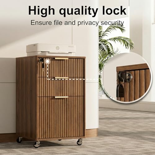 Image of 3 Drawers Fluted Mobile File Cabinet with Lock, Rolling File Cabinet Printer Stand Table, Under Desk Wooden Filing Cabinets for Home Office Essentials Storage Organization Furniture Letters /A4(Walnut)