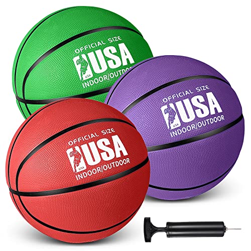 Libima 3 Pcs Official Size 5 7 Basketball Indoor Outdoor Colorful Rubber Basketball For Game Practice Training Basketball With Pump For Kids Youth Teens Men Women (Purple, Green, Red, Size 7 29.5'') #TOP14