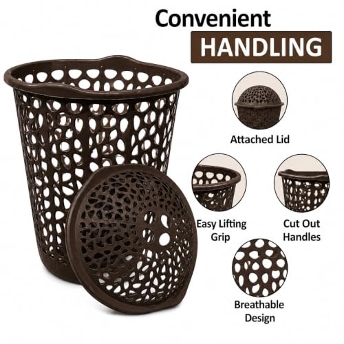 Image of KITCHIVO Plastic Large 55 Ltr Laundry Basket with Lid & Handle | Multipurpose Hamper Bins Storing Washable Clothes, Blankets | Household Ideal for Home & Bathroom (Round Brown)