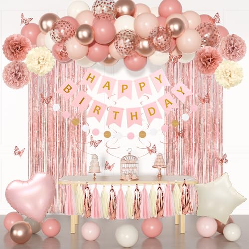 Pink Birthday Party Decorations, Dusty Pink Sand Confetti Rose Gold Balloons Happy Birthday Banner Fringe Curtains Butterfly Hanging Swirls Circle Dots Tassels Pompoms for Women Girls Party Supplies by Ouddy Party - Used condition - US$11.27