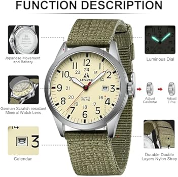 LN LENQIN Herenhorloges, militair horloge, veldhorloge, analoog, kwartshorloge voor heren, waterdicht polshorloges met datum, nylon horlogebandje, leger, tactisch sporthorloge, Modern