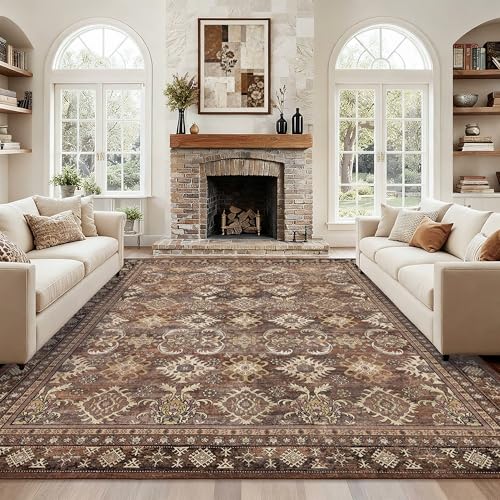 Arvenchy Vintage Area Rug 8x10: Large Rugs for Living Room Dining Room Bedroom - Easy-Clean Washable Carpets Kid & Pet Friendly Soft Durable Shed-Free - Oriental Brown
