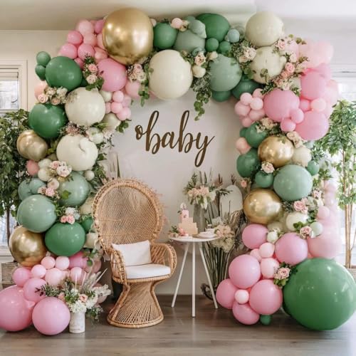 Sage Green Pink Balloon Arch Kit Double Stuffed Dusty Green Pastel Pink White Sand Gold Balloon Garland Light Olive Cream Balloons for Baby Shower Baby in Bloom Wedding Birthday Tropical Party Decor