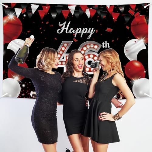 JOYKY Happy 46th Birthday Banner, Red Black Happy 46th Birthday Party Decorations for Men Women, 46 Year Old Birthday Supplies Backdrop Décor, 5.9 X 3.8 Fts by JOYKY - Used condition - Image 7