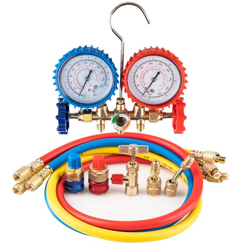 Gickbusus 3 Way AC Manifold Gauge Set for R134A R410A R22 Refrigerant, AC Gauge Set with 3FT Hoses and Can Tap, Compatible for Car and Home HVAC Systems