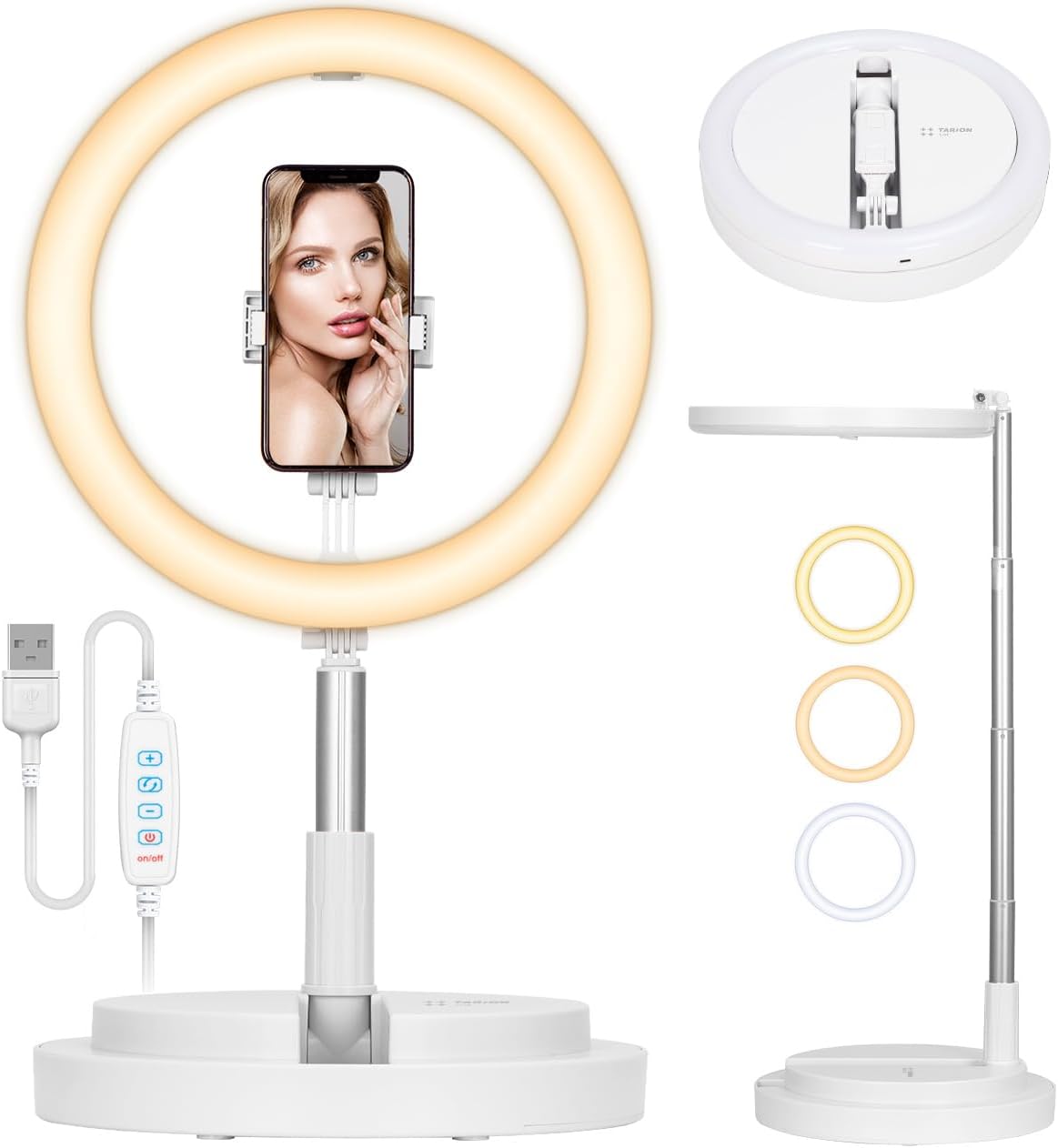 TARIONSelfie Ring Light with Stand - 11.8" Foldable Ring Light with Phone Holder & Cold Shoe Mount, Tall Desk Ring Light for Videography Photography Led Beauty Ring Light Adjustable Brightness White