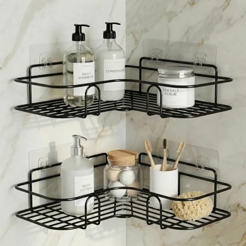 Image of Corner Shower Caddy Shelf Set of 2 | Self Adhesive Bathroom Shelf Organizer | Rustproof Wall Mounted Bathroom Rack for Shampoo, Soap & Toiletries | No Drilling Storage Basket
