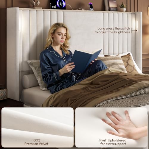 Uteeran 55" Tall Queen Size Platform Bed Frame with 2 Reading Lights, Cream - Image 3
