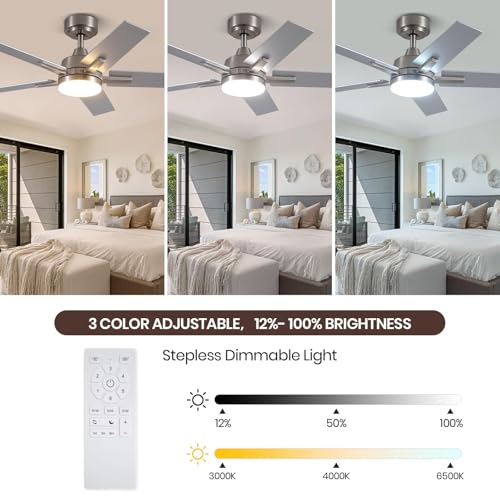 Image of 42 Inch Brushed Nickel Ceiling Fans with Lights and Remote, LED Ceiling Fan