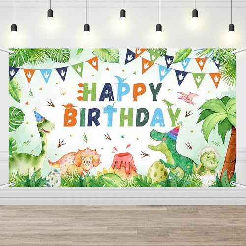 AIBIIN Dinosaur Birthday Backdrop Happy Birthday Party Decoration for Boys Cute Dinosaur Theme Party Banner Photo Props 6x3.6ft