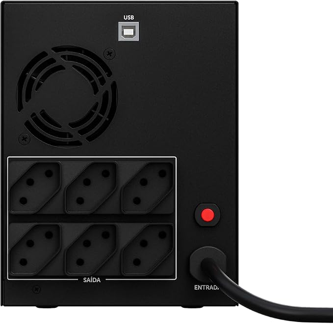 Painel traseiro do nobreak Intelbras mostrando as tomadas de saída, ventoinha e entrada USB