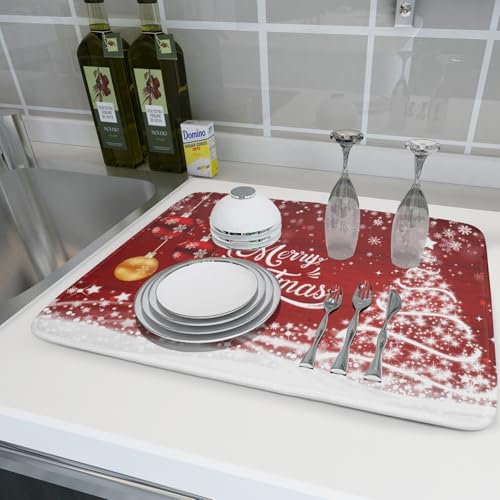 Merry Christmas Dish Drying Mat for Kitchen Counter Winter Snowflake Pine Fast Absorbent Red Drying Mat 18x24 Inch Xmas Jingle Bells Decoration Dishes Pad Dish Drainer Rack Mats Holiday Decor by Kawani - Image 6