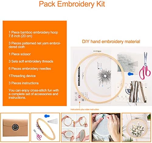 3 Pack Embroidery Starter Kit with Floral or Plant Pattern and Instructions,Embroidery Hoops,Cross Stitch Tool Kit for Adults, Kids and Beginners; Home Decoration and DIY Gift (Net Yarn)