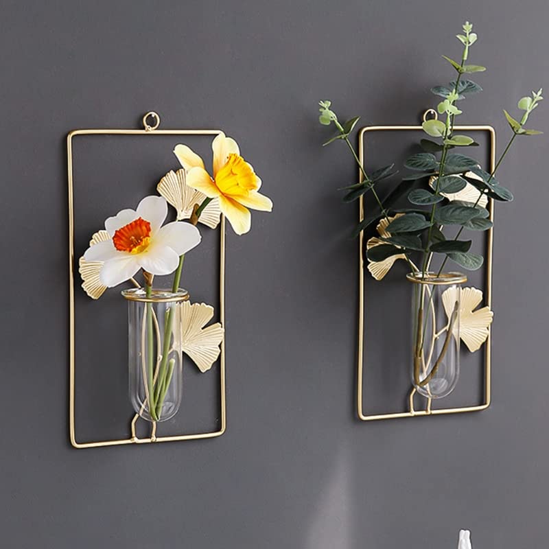 Jardiniere balcon Vase de plantes à suspendre au mur avec support de cadre en feuille de Ginkgo en métal Tube à essai en verre géométrique Jardinières hydroponiques Pot suspendu plante interieur ( Col