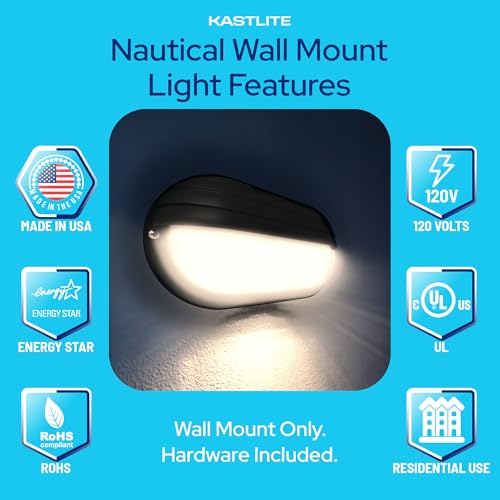Image of KASTLITE Outdoor LED Bulkhead Light Fixture, 9.5W Energy Star 5000K Oval Wall Mount Nautical Lighting, Rust-Proof Polycarbonate Build for Wet Locations, Porch Patio Dock & Exterior Lights, FE103 /White