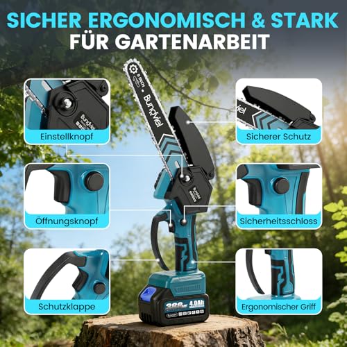 Akku Kettensäge 880W Bürstenloser Motor, Mini Kettensäge Kompatibel mit Makita 18V Akku, mit 2x 4Ah Akku,6/8 Zoll Handkettensäge für Holzschneidenz,Garten & Äste für Männer zu Valentinstag