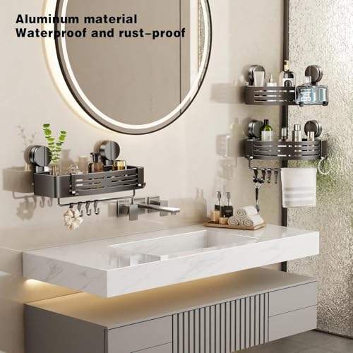 VOLPONE Shower Caddy Suction Shower Shelf No Drilling Shower Organizer Suction Cup Shower Storage Rack Aluminum Wall Mounted Shampoo Holder with Towel Bar Hooks (2-Pack, Matte Gray) by VOLPONE - Used condition - Image 3