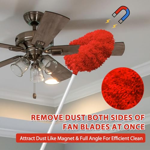 Image of Ceiling Fan Cleaner Duster High Ceiling Extended Fan Blade Cleaner from 13 to 50 Inch Reusable Microfiber Ceiling Fan Duster with Extension Handle for Furniture Bookshelves Wall Door (Red)