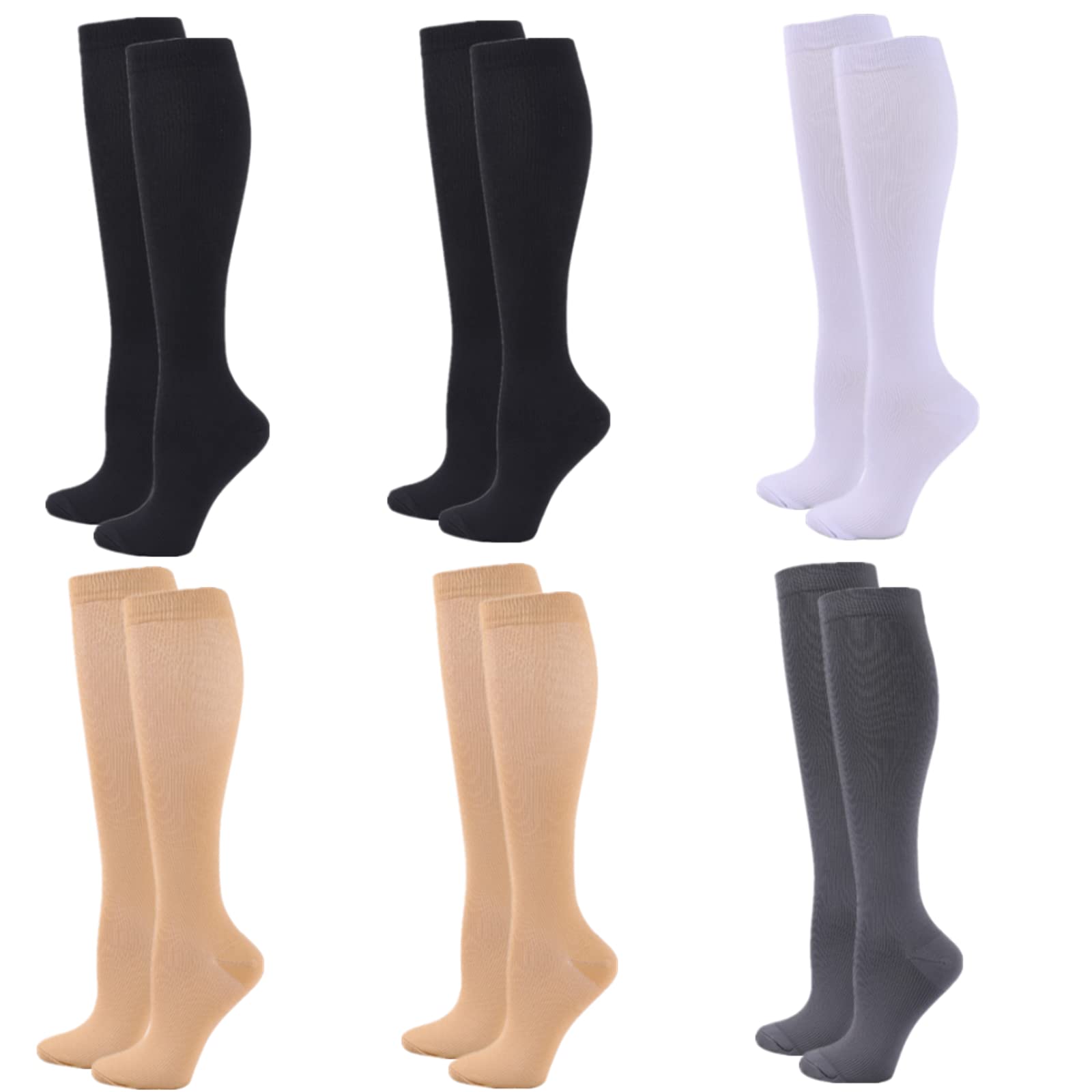 Zingso Compression Socks for Women Men, 6 Pairs 20-25mmHg Flight Socks Compression Stockings for Sport Diabetic Varicose Veins Travel Pregnancy Nursing (XXL, 2Black+2Skin+1White+1Grey)