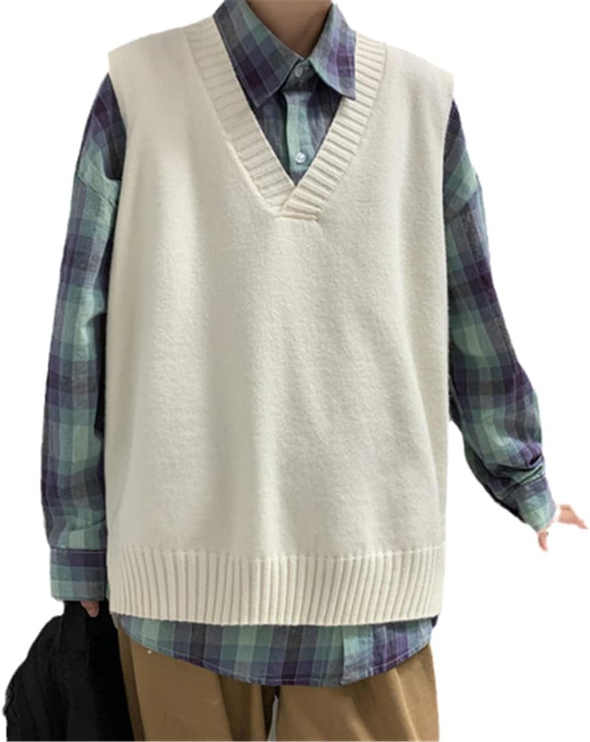 Men Sweaters Vest Mens V Neck Pullovers Men Loose Fit Jumpers Knitwear Vest Sleeveless Men Winter Casual White L