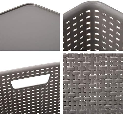 EZOWare Set of 3 Large Plastic Knitted Woven Storage Basket With Lid, Stackable Organiser Lidded Bin Box for Nursery, Kids, Closet, and More - 42 x 29 x 22.5 cm / Gray