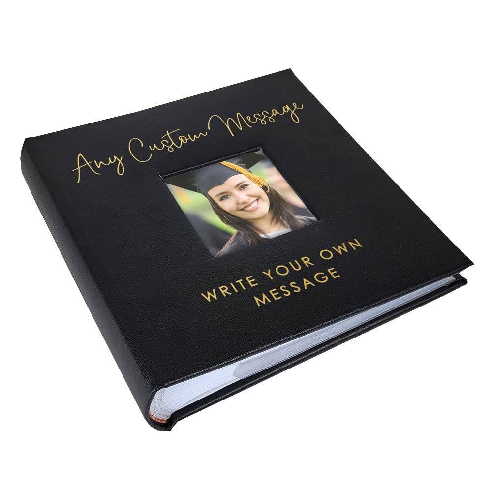 Personalized Photo Album, Custom Engraved Picture Album, Holds 200 4" x 6" Photos, Leatherette and Laser Engraved Scrapbook, Any Custom Message, Black