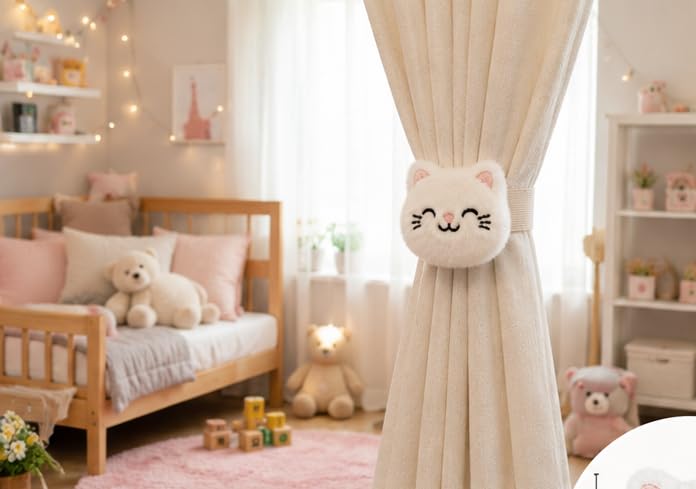JAZLOG Fur Style Cat with Paw Curtain Tieback | Soft Plush Curtain Holder | Cute Animal Curtain Tie Back | Luxury Window Curtain Accessory for Home Décor 2
