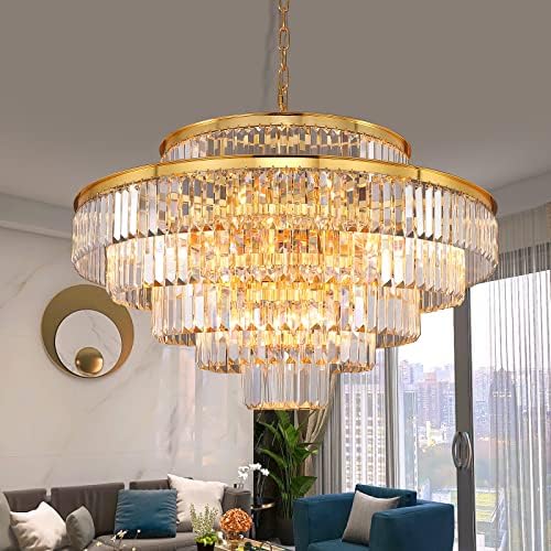 Lt-vt Gold Modern Style Crystal Chandeliers & LightsRound Hanging Classic, Pendant Ceiling Chandelier Lighting Fixture 6-Tier for Dining Room Living Room(Gold,31 inch)