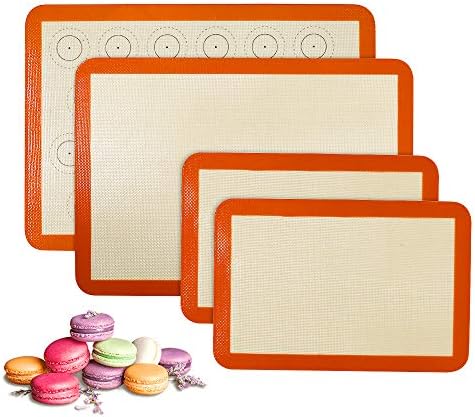 Silicone Baking Mat Set of 4(2 Half and 2 Quarter) Sheet Non Stick Reusable Silicone Pastry Baking Mat for Bake Pans & Rolling - Macaron/Pastry/Cookie/Bun/Bread Making Counter Mat, Dough Rolling Mat