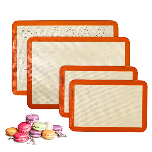 Silicone Baking Mat Set Of 4(2 Half And 2 Quarter) Sheet Non Stick Reusable Silicone Pastry Baking Mat For Bake Pans & Rolling - Macaron/Pastry/Cookie/Bun/Bread Making Counter Mat, Dough Rolling Mat #TOP1
