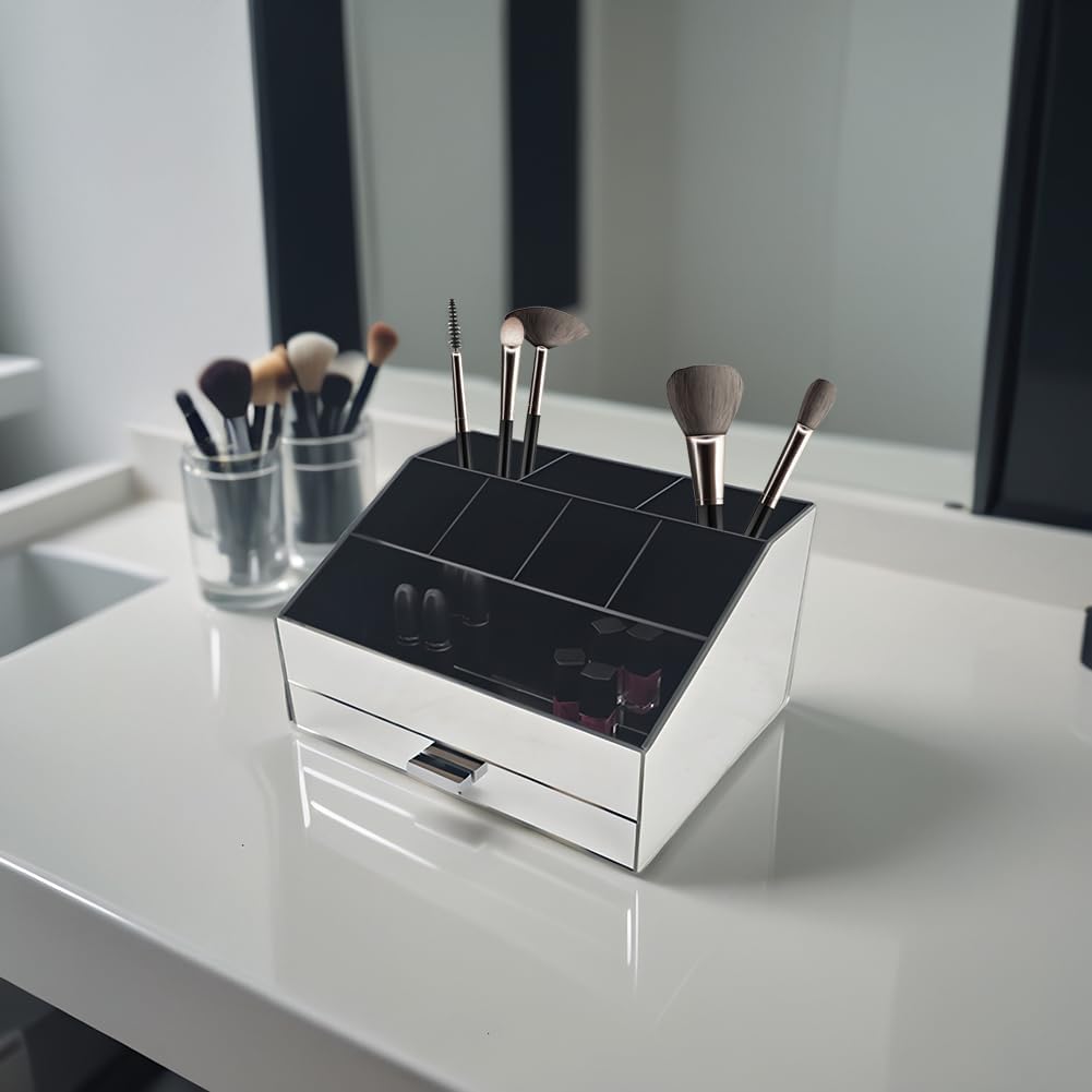 OnDisplay Sela Large Drawer Tiered Mirrored Acrylic Makeup/Jewelry Organizer - Mirror Panel Organization Station for Cosmetics, Jewelry or Office/Desk Supplies (Silver)