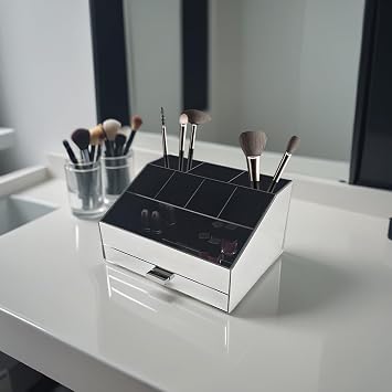 OnDisplay Sela Large Drawer Tiered Mirrored Acrylic Makeup/Jewelry Organizer - Mirror Panel Organization Station for Cosmetics, Jewelry or Office/Desk Supplies Silver
