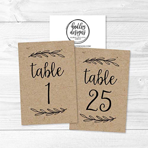 Hadley Designs 1-25 Rustic Kraft Table Number Double Sided Signs for Reception, Restaurant, Birthday Party Event Calligraphy Printed Numbered Card Centerpiece Decor Setting Reusable Frame Stand (4x6)