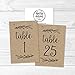 Hadley Designs 1-25 Rustic Kraft Table Number Double Sided Signs for Reception, Restaurant, Birthday Party Event Calligraphy Printed Numbered Card Centerpiece Decor Setting Reusable Frame Stand (4x6)