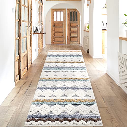 payé Teppich Läufer fürs Flur - 80x300cm - Hochflor Weich - Boho Design - Pastell Multi -...