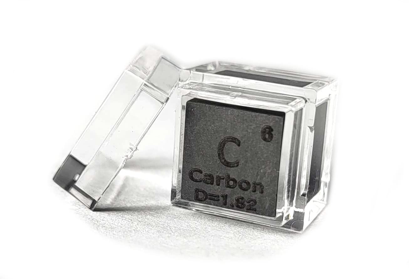 0.39" 10mm Carbon Cube C up to 99.9% Pure Periodic Table Element Engraved Density Collection Science Education Display Block Cube + Acrylic Case Box -