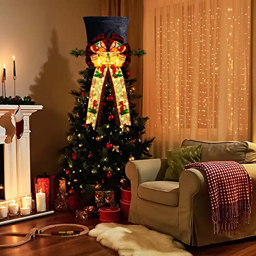 Donsaji Lighted Christmas Tree Topper Hat, Large Black Velvet Tree Topper Hat With 30 Warm Lights Battery Operated Christmas Tree Topper Bow For Christmas Tree Holiday Tabletop Decor #TOP6
