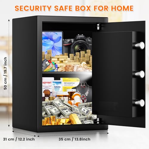 3.2 Cub Large Fireproof Safe for Home Use, Digital Security Home Safes Water and Fireproof with Backup Keys and Alarm System, Anti-Theft Fire Proof Safe Box for Home Office