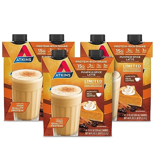 atkins pumpkin spice latte 15g protein 3g net carbs 1g sugar low glycemic keto friendly 12 count