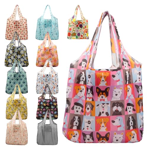 TNTGMG Lot de 12 sacs de courses réutilisables en polyester, grand panier à provisions résistant avec poignées épaisses, sacs de transport pliables pour un usage quotidien et comme cadeau