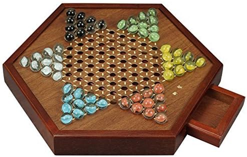 Younglingn 12.5" All Natural Wood Chinese Checkers with Storage Drawer and Glass Marbles Checkers Board Games for Family