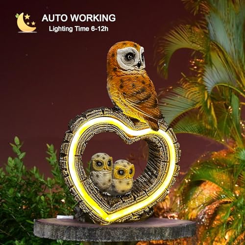 Solar Garden Statue, Cute Owl Outdoor Figurines with 2 Baby and LED Lights, Solar Powered Resin Animal Sculpture, Indoor & Outdoor Garden Decoration for Patio Lawn Yard (Owl)