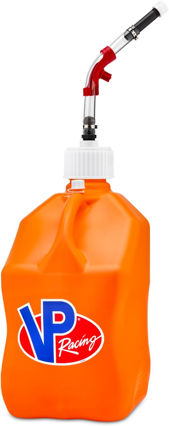 VP Racing 3572-CA, Square Motorsport Jug 5.5 Gallon - Orange, with Deluxe Filter Hose, Hose Bender, White Cap, and White Vent Cap - (2 Pack)