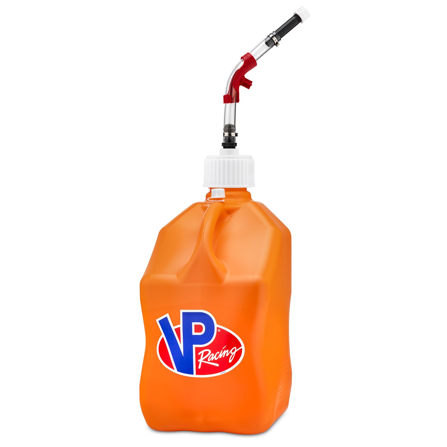 VP Racing 3572-CA, Square Motorsport Jug 5.5 Gallon -Orange, with Deluxe Filter Hose, Hose Bender, White Cap, and White Vent Cap - (1 Pack)
