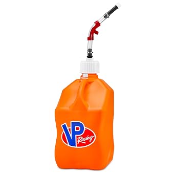 VP Racing 3572-CA, Square Motorsport Jug 5.5 Gallon -Orange, with Deluxe Filter Hose, Hose Bender, White Cap, and White Vent Cap - 1 Pack