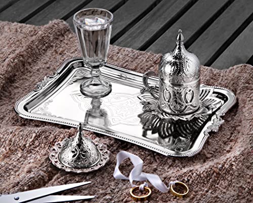 LaModaHome Turkish Coffee Set Includes a Cup, Sugar Bowl, Serving Tray, and Water Glass, Perfect to Serve Turkish Coffee at Engagement Parties, Weddings, and for Special Guests at Home. (Silver)