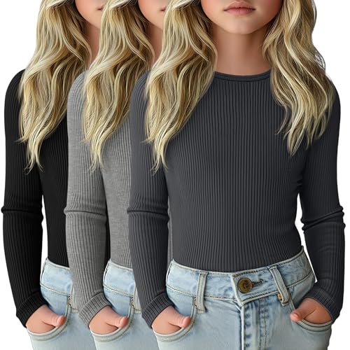 LessonZoo 3 Pack Girls 95% Cotton Ribbed Long Sleeve Shirts 5-6Y 3Color