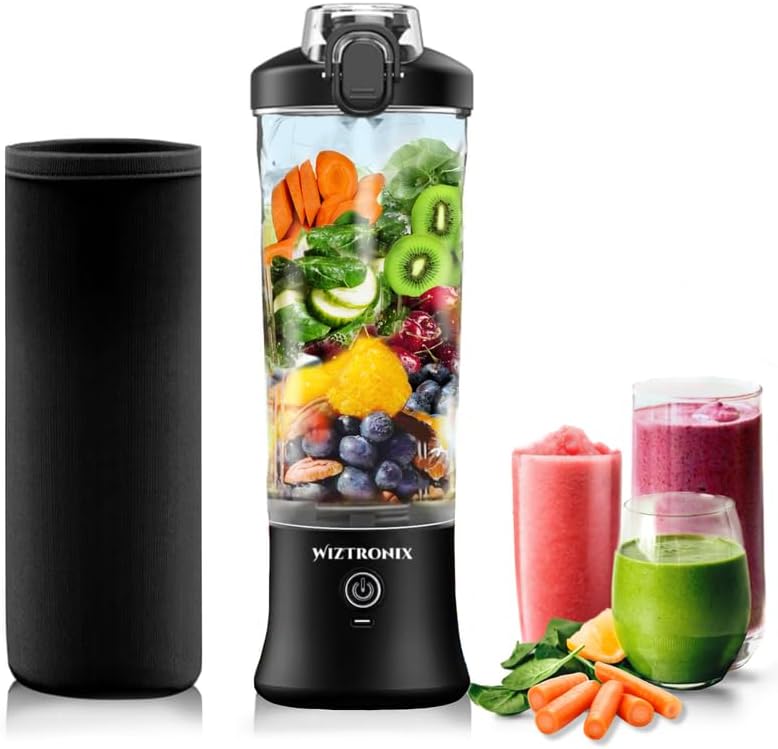 Licuadora portátil sin cable, tamaño de 20 onzas, pequeña licuadora portátil para batidos con 6 cuchillas, tapa de viaje y recargable por USB (negro)